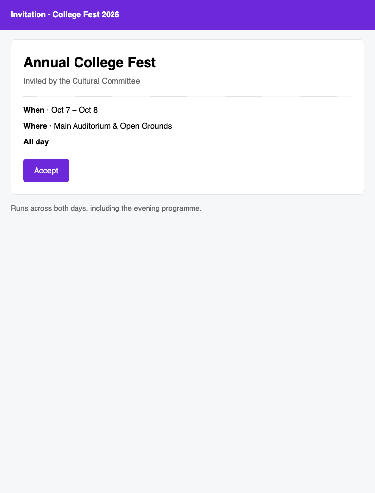 Sample event invite screenshot