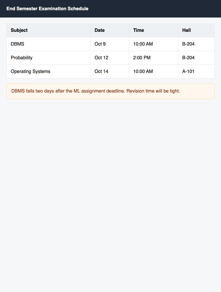Sample exam schedule screenshot