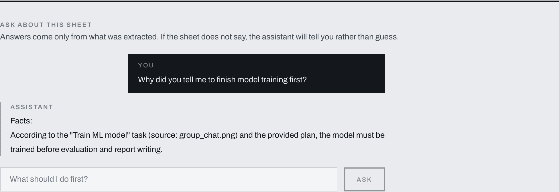 LifeOS chat panel with a grounded answer